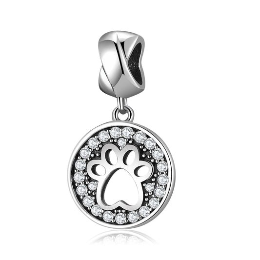 S925 Sterling Silver Pet Paw Dangle Charm Sparkling Round Pendant Bead For DIY Charm Bracelet Necklace Jewelry Gift