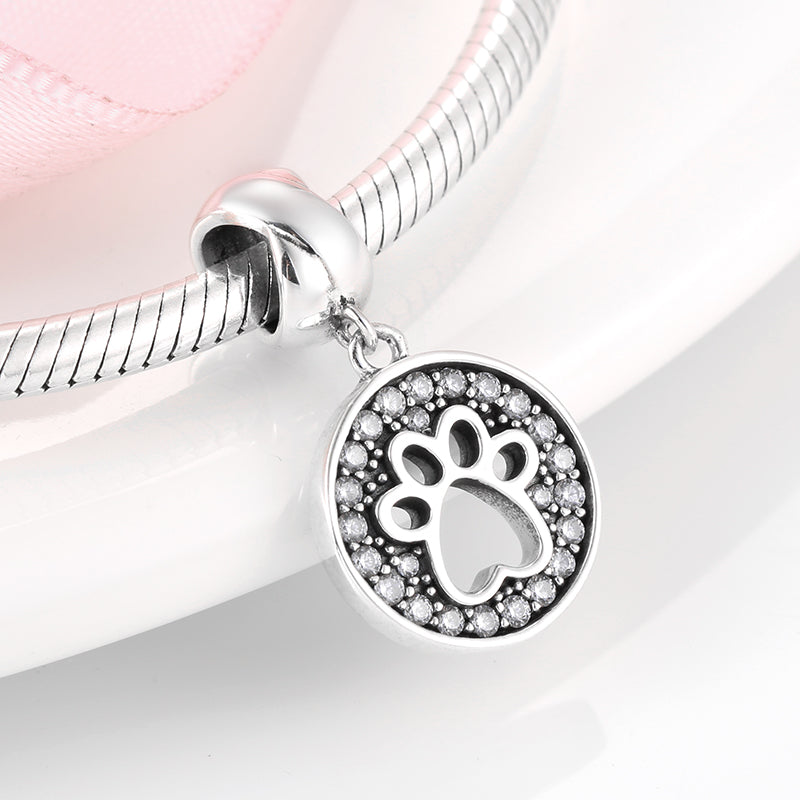 S925 Sterling Silver Pet Paw Dangle Charm Sparkling Round Pendant Bead For DIY Charm Bracelet Necklace Jewelry Gift