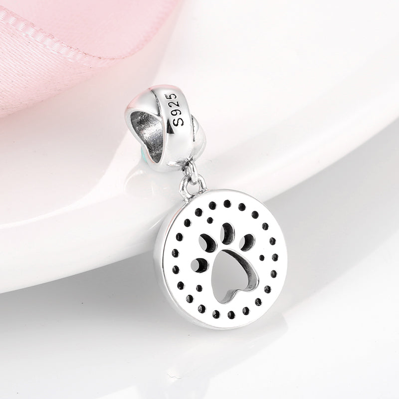 S925 Sterling Silver Pet Paw Dangle Charm Sparkling Round Pendant Bead For DIY Charm Bracelet Necklace Jewelry Gift