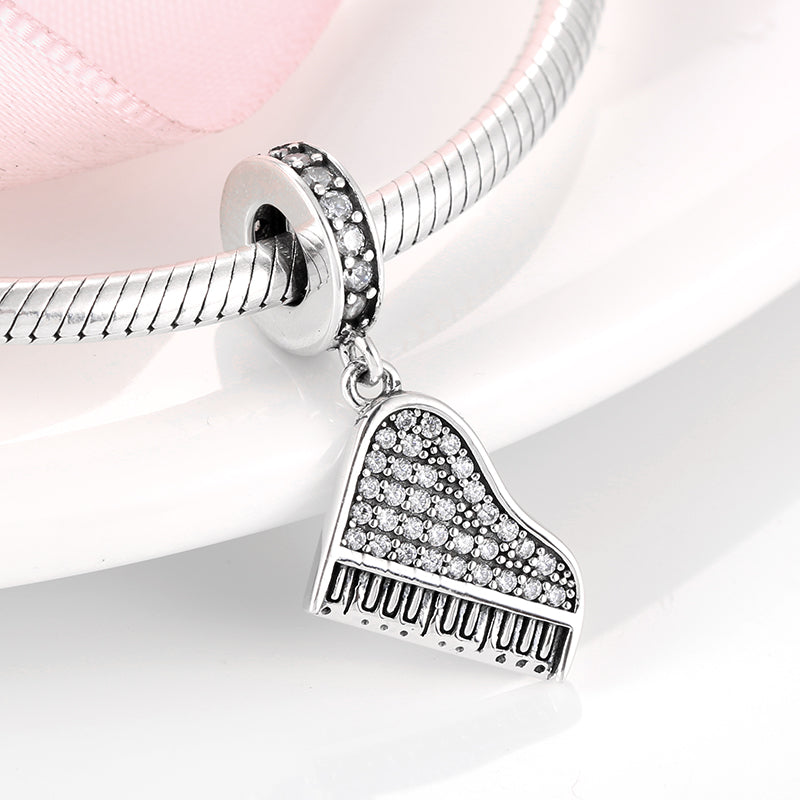 S925 Sterling Silver Piano Dangle Charm Sparkling Music Pendant Bead For DIY Charm Bracelet Necklace Jewelry Gift