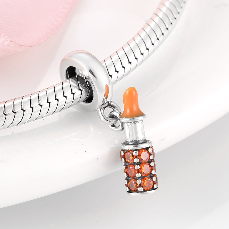 S925 Sterling Silver Orange Lipstick Dangle Charm Sparkling Makeup Pendant Bead For DIY Charm Bracelet Necklace Jewelry Gift