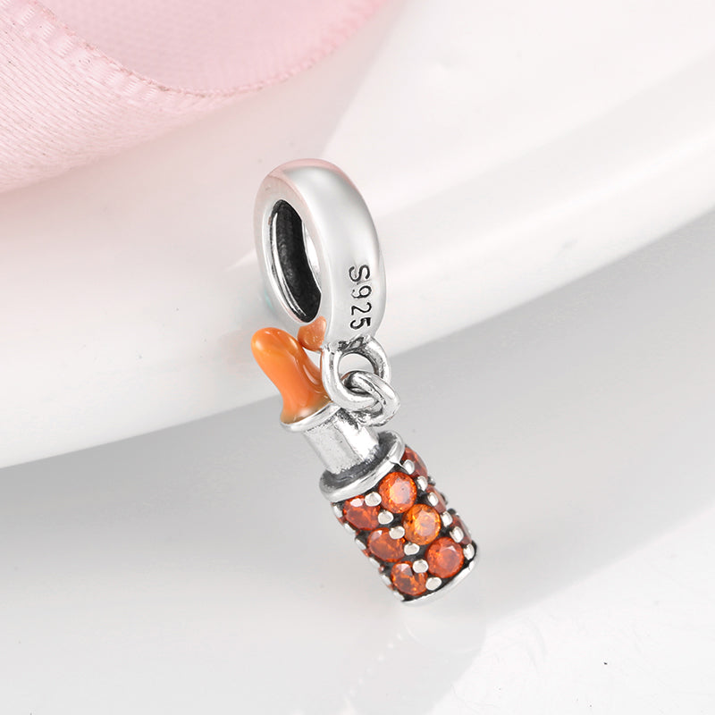 S925 Sterling Silver Orange Lipstick Dangle Charm Sparkling Makeup Pendant Bead For DIY Charm Bracelet Necklace Jewelry Gift