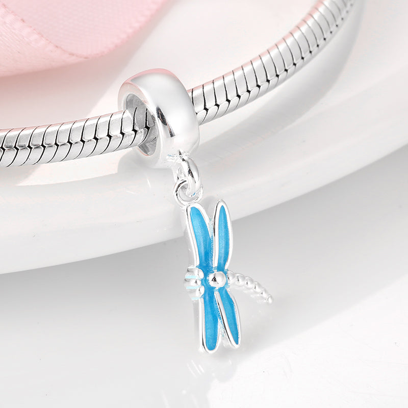 S925 Sterling Silver Dragonfly Dangle Charm Blue Enamel Luxury Pendant Bead For DIY Charm Bracelet Necklace Jewelry Gift