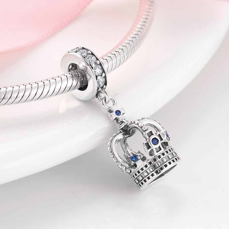 S925 Sterling Silver Crown Dangle Charm Blue Sparkling Pendant Bead For DIY Charm Bracelet Necklace Jewelry Gift