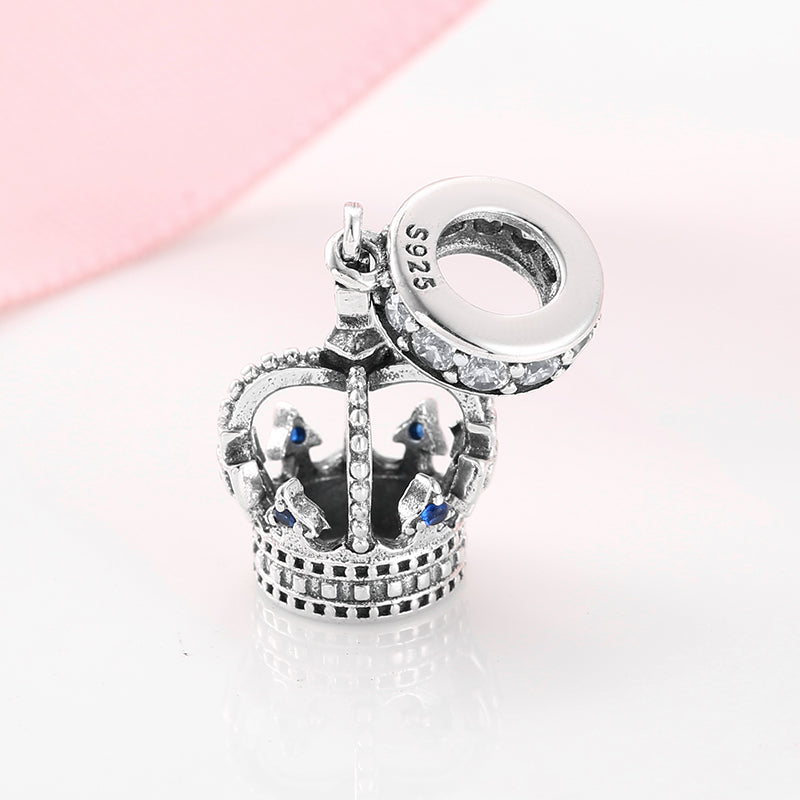 S925 Sterling Silver Crown Dangle Charm Blue Sparkling Pendant Bead For DIY Charm Bracelet Necklace Jewelry Gift