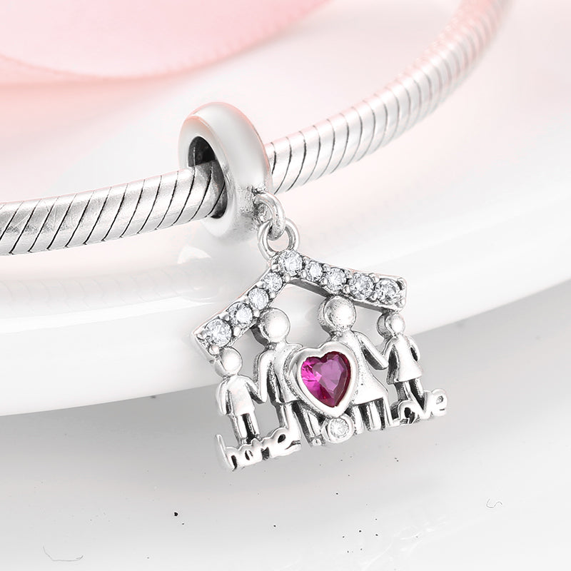 S925 Sterling Silver Family House Dangle Charm Four Members Heart Pendant Bead For DIY Charm Bracelet Necklace Jewelry Gift