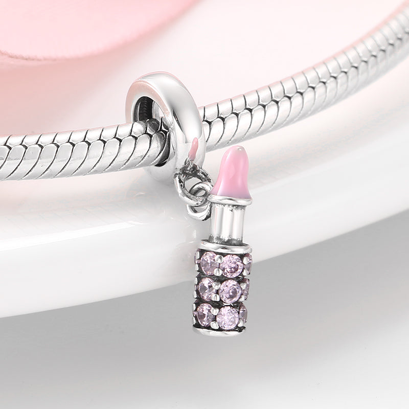 S925 Sterling Silver Pink Lipstick Dangle Charm Sparkling Cosmetic Pendant Bead For DIY Charm Bracelet Necklace Jewelry Gift