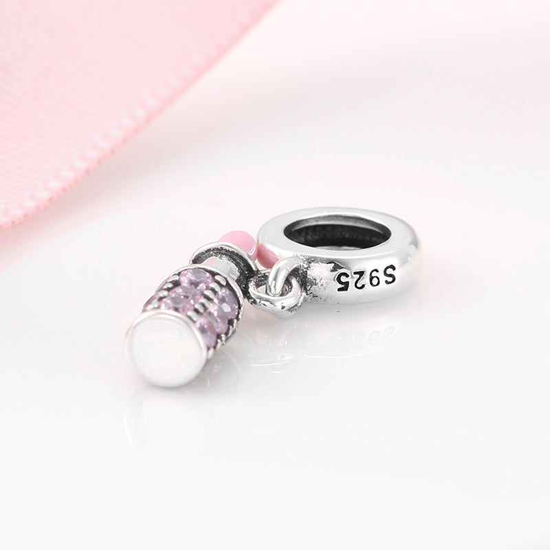 S925 Sterling Silver Pink Lipstick Dangle Charm Sparkling Cosmetic Pendant Bead For DIY Charm Bracelet Necklace Jewelry Gift