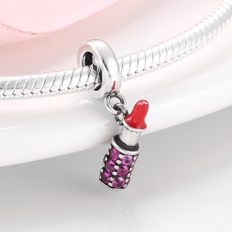 S925 Sterling Silver Purple Lipstick Dangle Charm Cute Pendant Bead For DIY Charm Bracelet Necklace Jewelry Gift