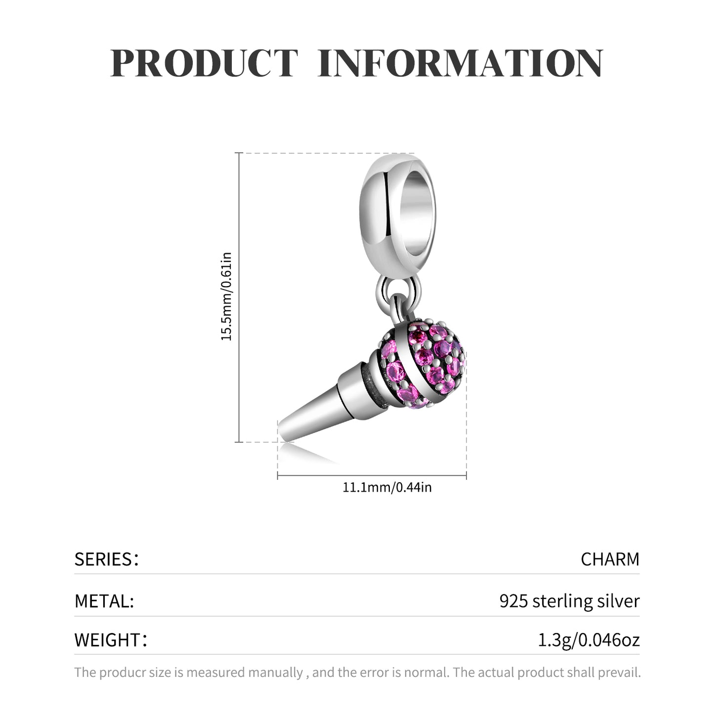 S925 Sterling Silver Microphone Dangle Charm Sparkling Music Pendant Bead For DIY Charm Bracelet Necklace Jewelry Gift