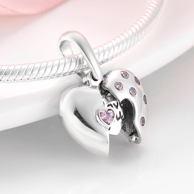 S925 Sterling Silver Open Heart Dangle Charm Pink Sparkling Love Pendant Bead For DIY Charm Bracelet Necklace Jewelry Gift