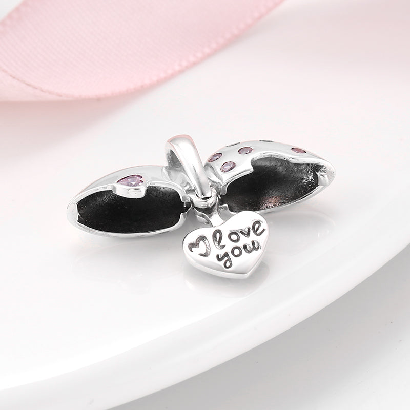 S925 Sterling Silver Open Heart Dangle Charm Pink Sparkling Love Pendant Bead For DIY Charm Bracelet Necklace Jewelry Gift