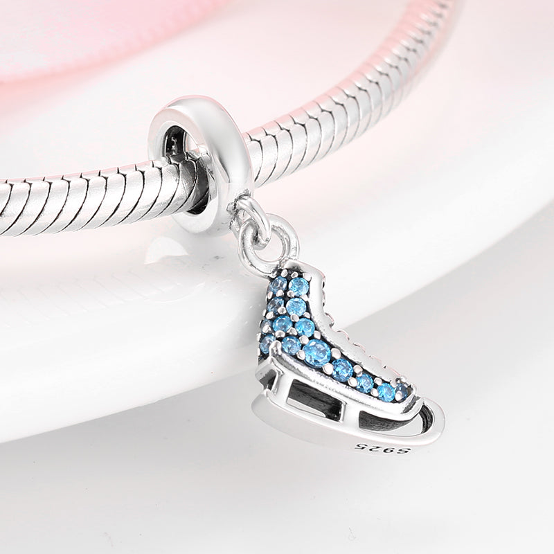 S925 Sterling Silver Ice Skate Dangle Charm Blue Sparkling Pendant Bead For DIY Charm Bracelet Necklace Jewelry Gift