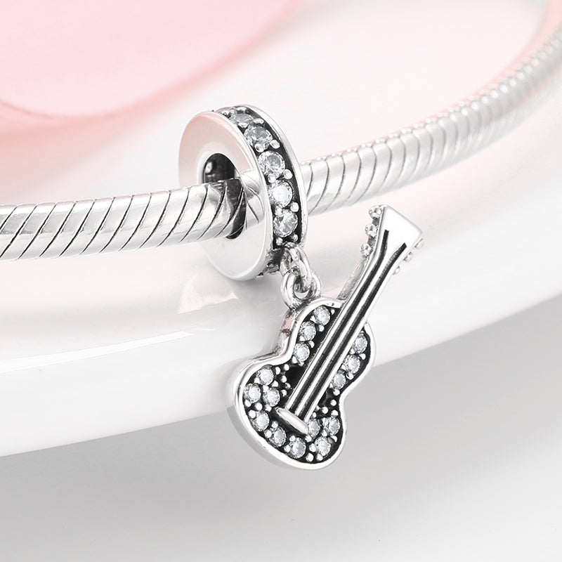 S925 Sterling Silver Guitar Dangle Charm Sparkling Pendant Bead For DIY Charm Bracelet Necklace Jewelry Gift