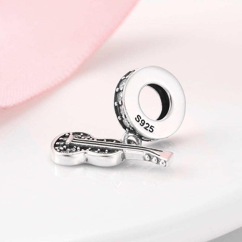 S925 Sterling Silver Guitar Dangle Charm Sparkling Pendant Bead For DIY Charm Bracelet Necklace Jewelry Gift