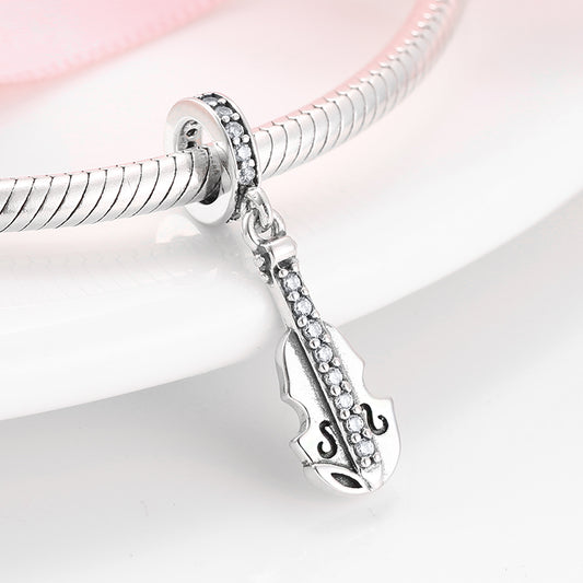 S925 Sterling Silver Cello Dangle Charm, Music Instrument Bead, Elegant European Style For DIY Bracelet Necklace, Pandora Compatible Jewelry Accessory Gift