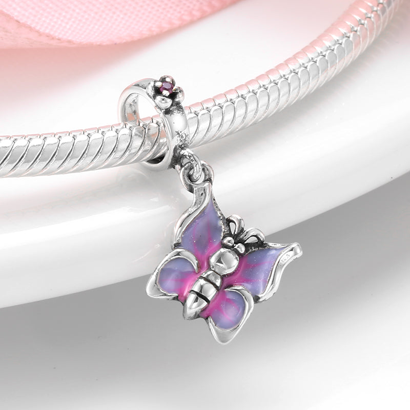 S925 Sterling Silver Purple Butterfly Dangle Charm Elegant Insect Pendant Bead For DIY Charm Bracelet Necklace Jewelry Gift