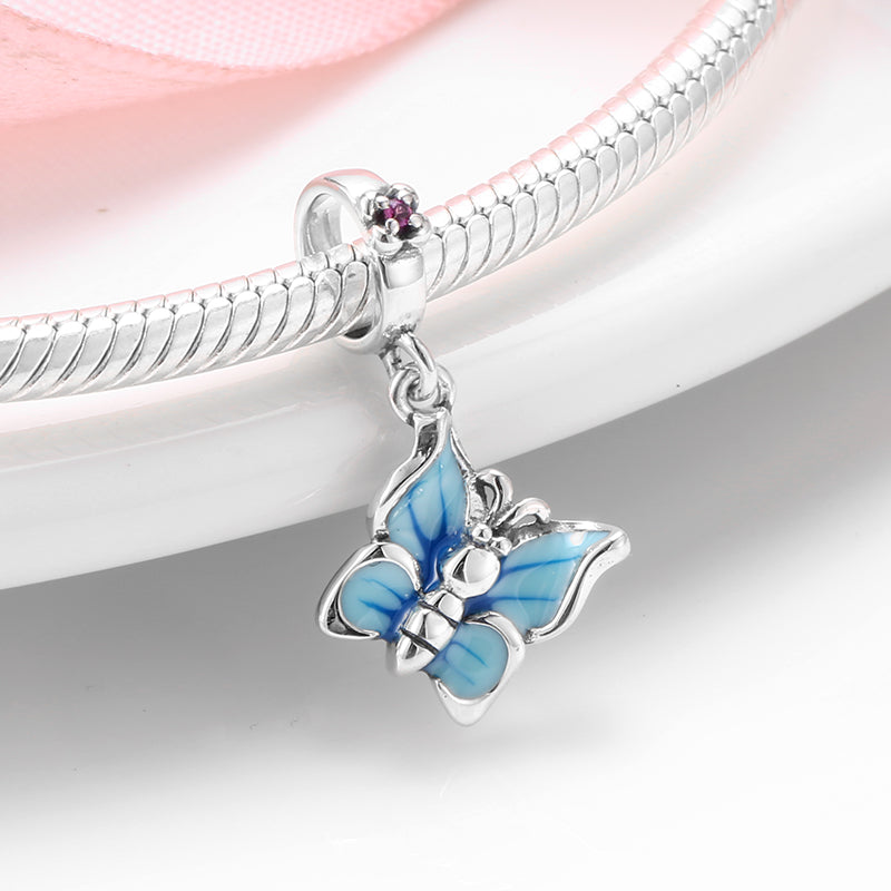 S925 Sterling Silver Blue Butterfly Dangle Charm, Blue Enamel Elegant Insect Bead For DIY Bracelet Necklace, Pandora Compatible Jewelry Accessory Gift