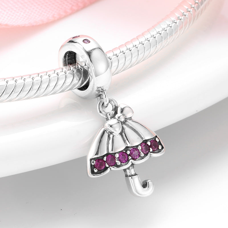 S925 Sterling Silver Umbrella Dangle Charm Pink Pendant Bead For DIY Charm Bracelet Necklace Jewelry Gift