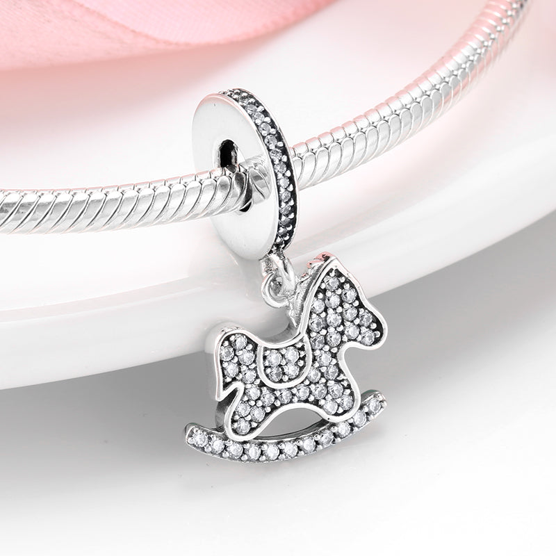 S925 Sterling Silver Rocking Horse Dangle Charm Full Rhinestone Pendant Bead For DIY Charm Bracelet Necklace Jewelry Gift