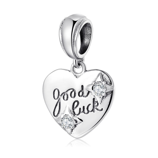 S925 Sterling Silver Heart Dangle Charm Engraved Good Luck Pendant Bead For DIY Charm Bracelet Necklace Jewelry Gift