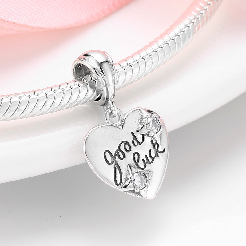 S925 Sterling Silver Heart Dangle Charm Engraved Good Luck Pendant Bead For DIY Charm Bracelet Necklace Jewelry Gift