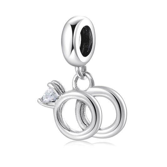 S925 Sterling Silver Wedding Ring Dangle Charm Couple Ring Pendant Bead For DIY Charm Bracelet Necklace Jewelry Gift