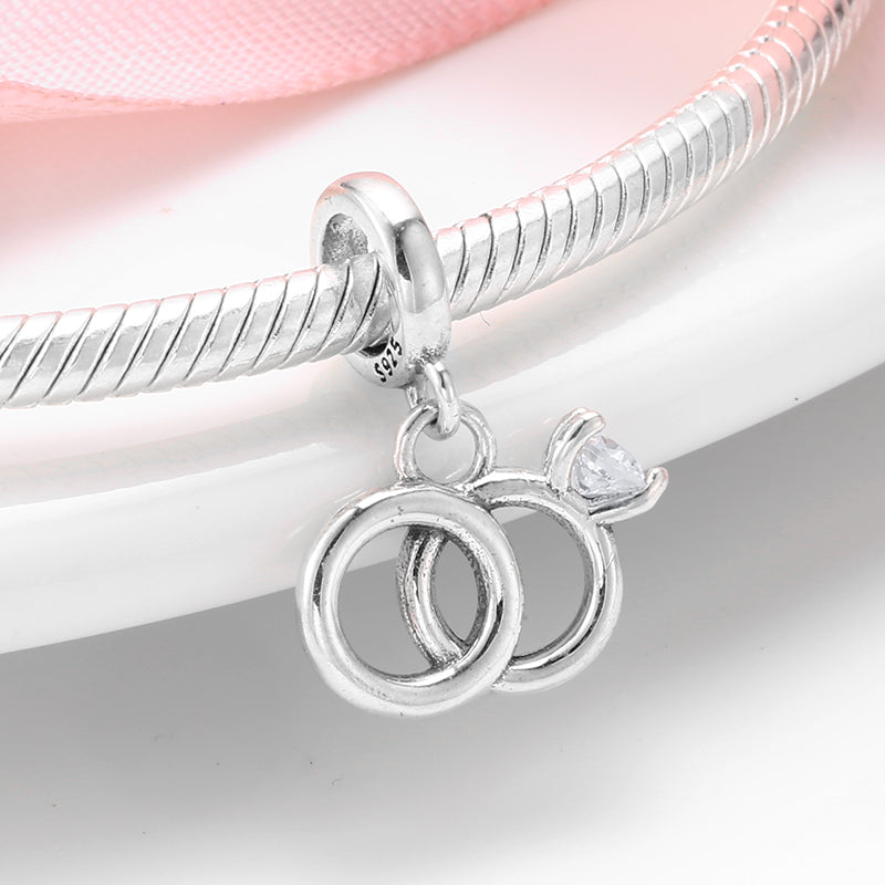 S925 Sterling Silver Wedding Ring Dangle Charm Couple Ring Pendant Bead For DIY Charm Bracelet Necklace Jewelry Gift