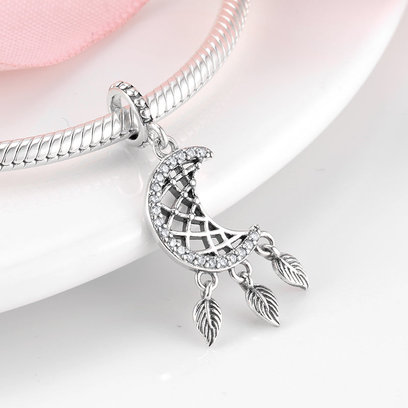 S925 Sterling Silver Moon Dangle Charm Hollow Tassel Leaf Pendant Bead For DIY Charm Bracelet Necklace Jewelry Gift