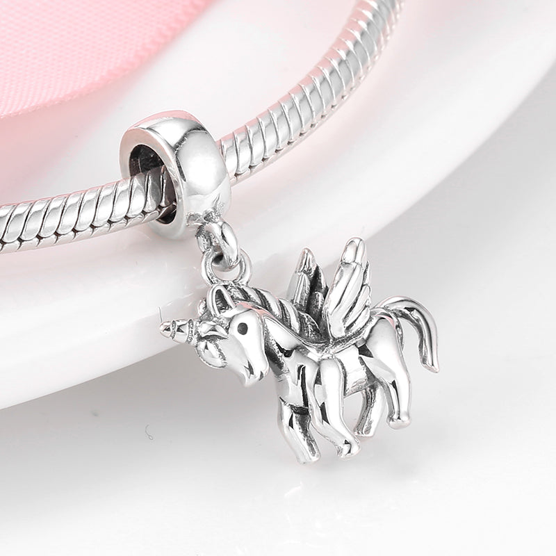 S925 Sterling Silver Pegasus Unicorn Dangle Charm Cute Cartoon Pendant Bead For DIY Charm Bracelet Necklace Jewelry Gift