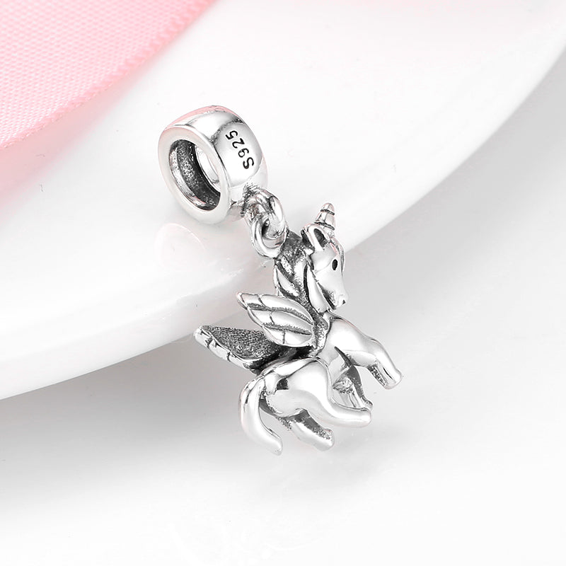 S925 Sterling Silver Pegasus Unicorn Dangle Charm Cute Cartoon Pendant Bead For DIY Charm Bracelet Necklace Jewelry Gift