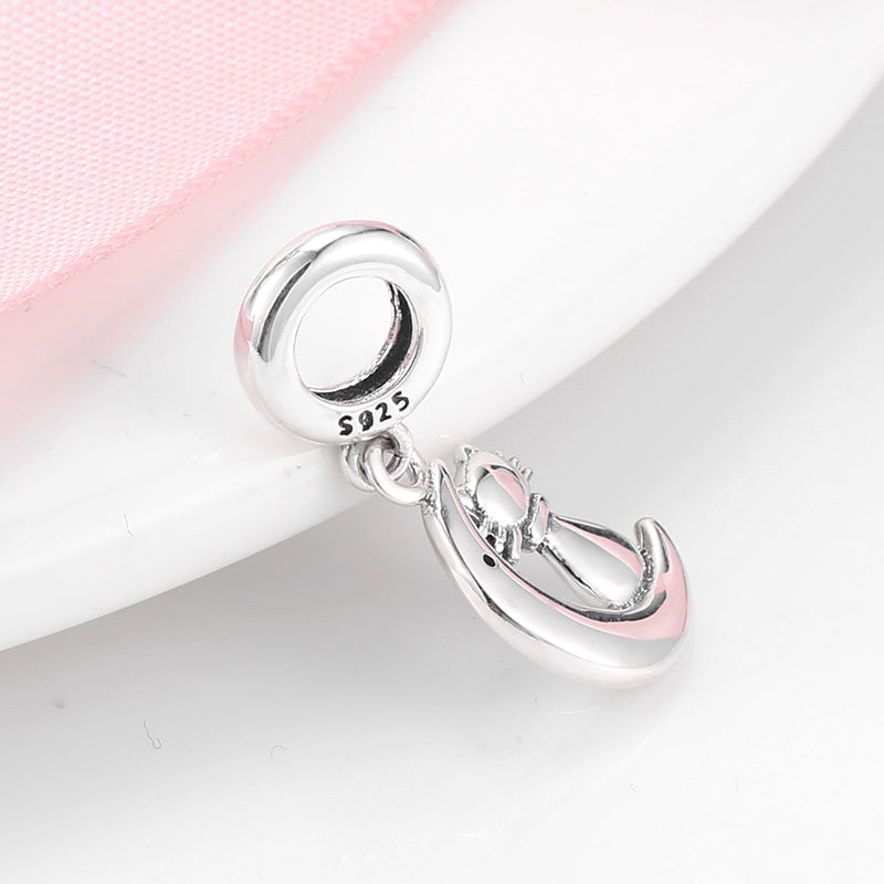 S925 Sterling Silver Cat Moon Dangle Charm Cute Minimalist Pendant Bead For DIY Charm Bracelet Necklace Jewelry Gift
