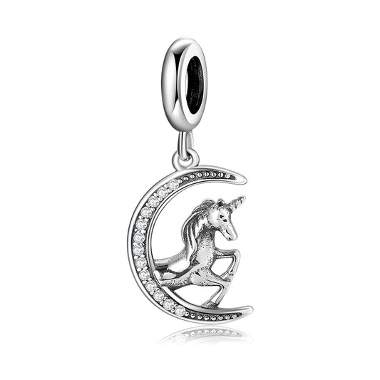 S925 Sterling Silver Unicorn Moon Dangle Charm Magical Pendant Bead For DIY Charm Bracelet Necklace Jewelry Gift