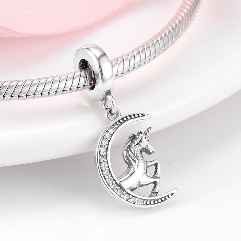 S925 Sterling Silver Unicorn Moon Dangle Charm Magical Pendant Bead For DIY Charm Bracelet Necklace Jewelry Gift