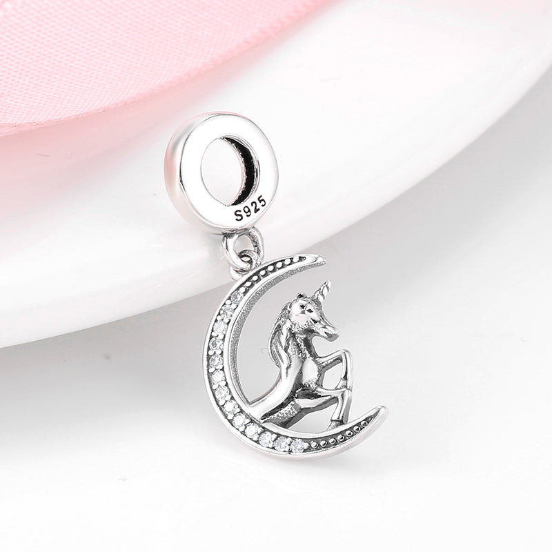 S925 Sterling Silver Unicorn Moon Dangle Charm Magical Pendant Bead For DIY Charm Bracelet Necklace Jewelry Gift