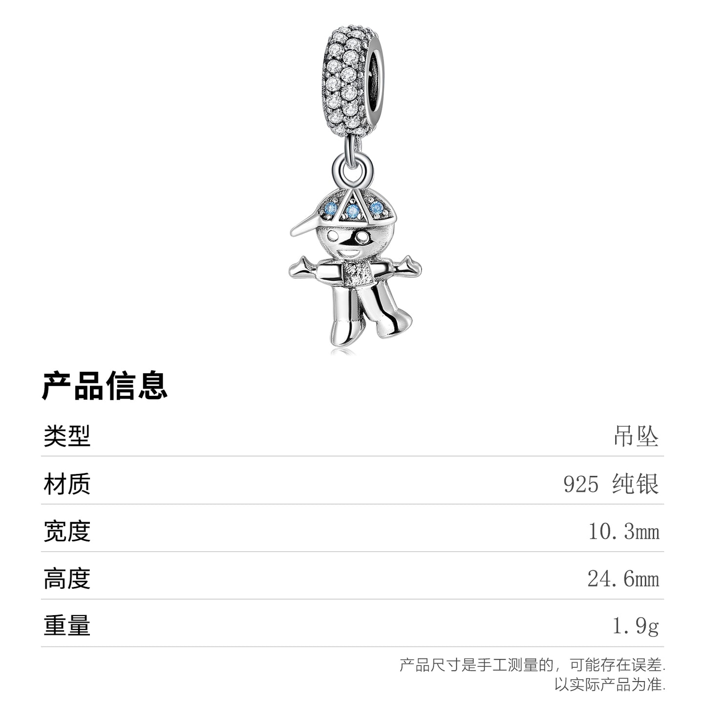 S925 Sterling Silver Boy Dangle Charm Rhinestone Pendant Bead For DIY Charm Bracelet Necklace Jewelry Gift