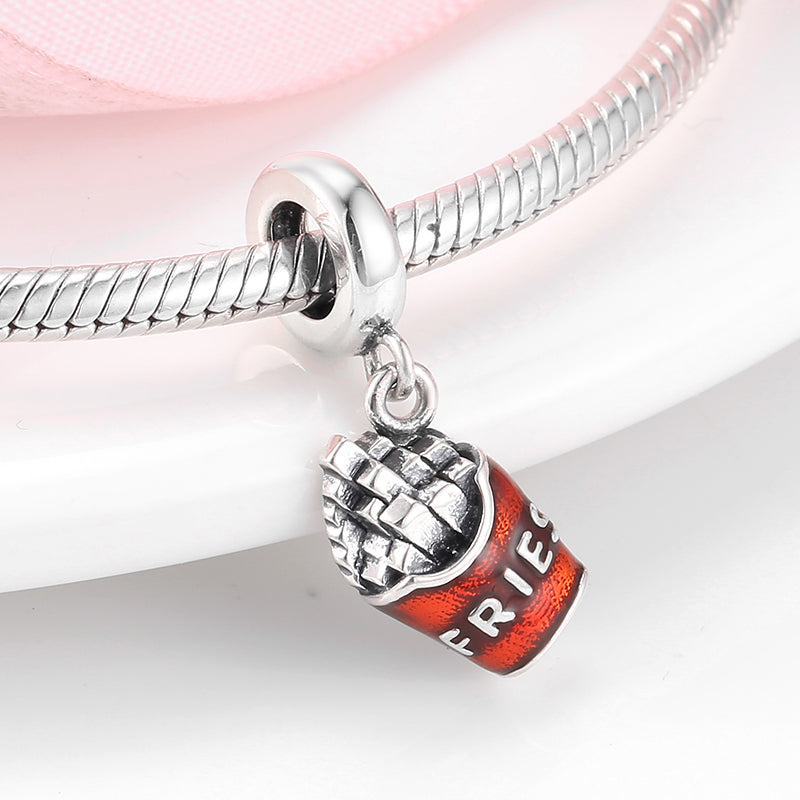 S925 Sterling Silver French Fries Dangle Charm Chic Pendant Bead For DIY Charm Bracelet Necklace Jewelry Gift