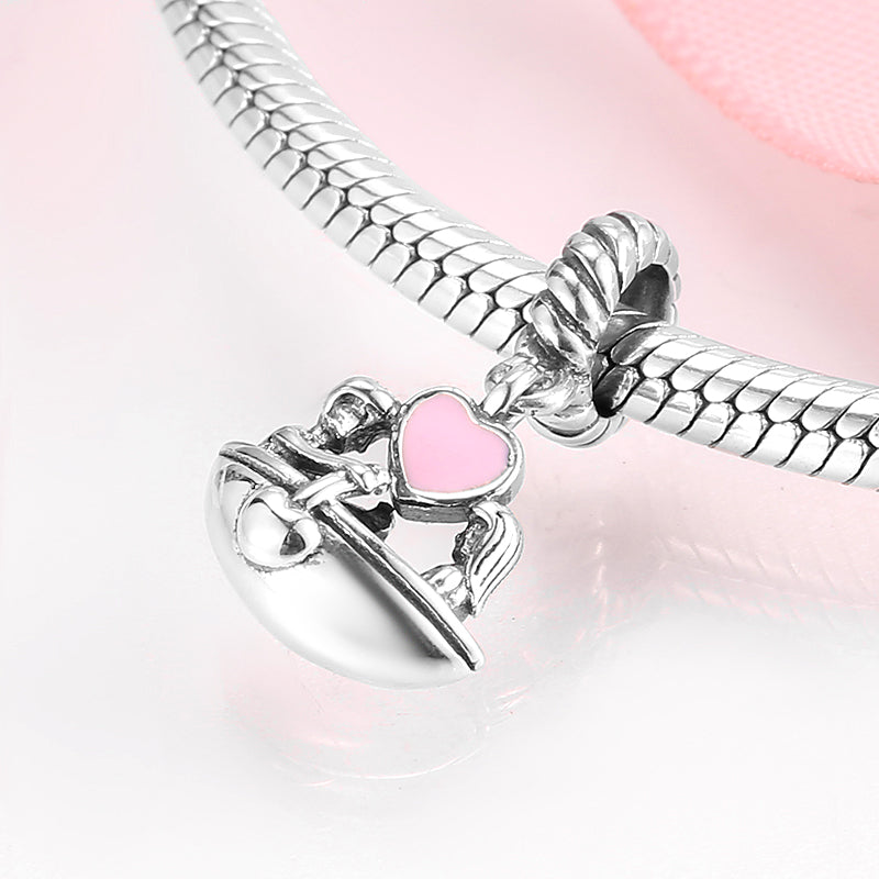 S925 Sterling Silver Couple Rowing Dangle Charm Pink Heart Pendant Bead For DIY Charm Bracelet Necklace Jewelry Gift