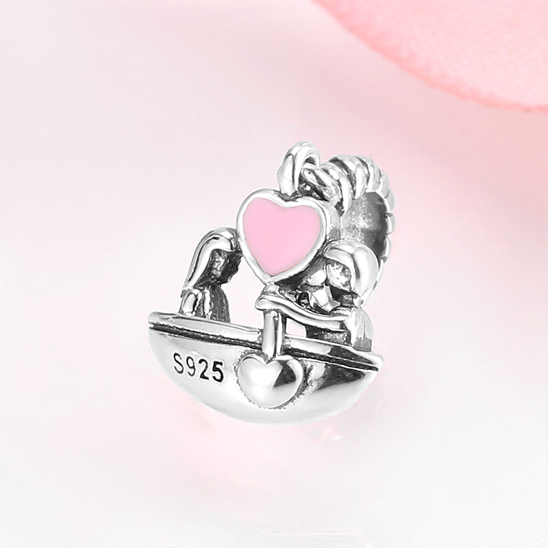 S925 Sterling Silver Couple Rowing Dangle Charm Pink Heart Pendant Bead For DIY Charm Bracelet Necklace Jewelry Gift