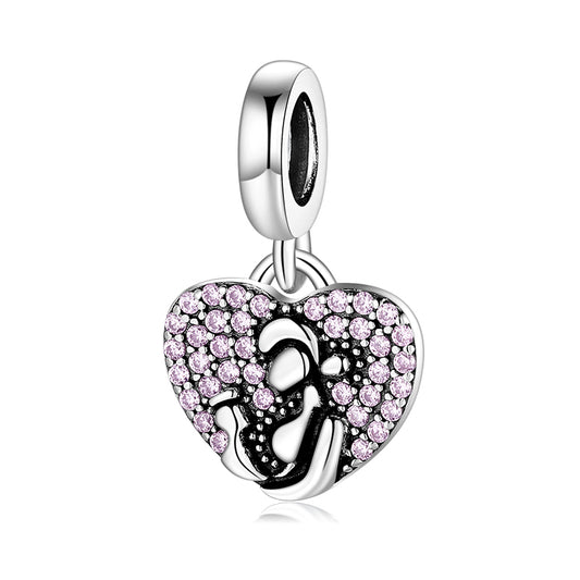 S925 Sterling Silver Heart Dangle Charm Pink Rhinestone Mother And Child Pendant Bead For DIY Charm Bracelet Necklace Jewelry Gift