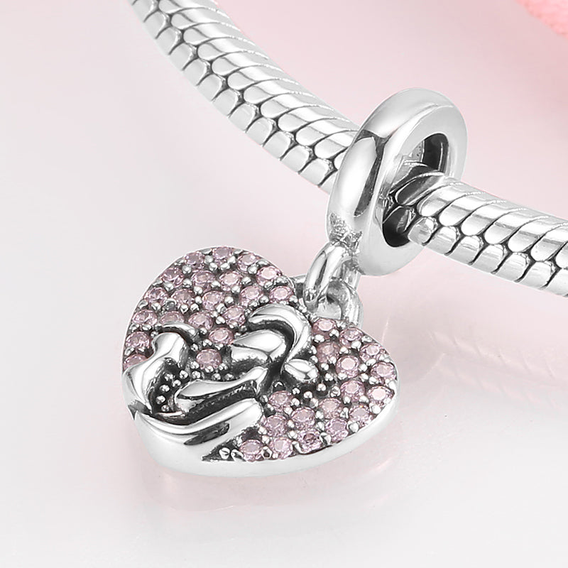 S925 Sterling Silver Heart Dangle Charm Pink Rhinestone Mother And Child Pendant Bead For DIY Charm Bracelet Necklace Jewelry Gift