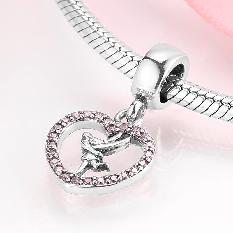 S925 Sterling Silver Heart Dangle Charm Pink Rhinestone Ballet Girl Pendant Bead For DIY Charm Bracelet Necklace Jewelry Gift