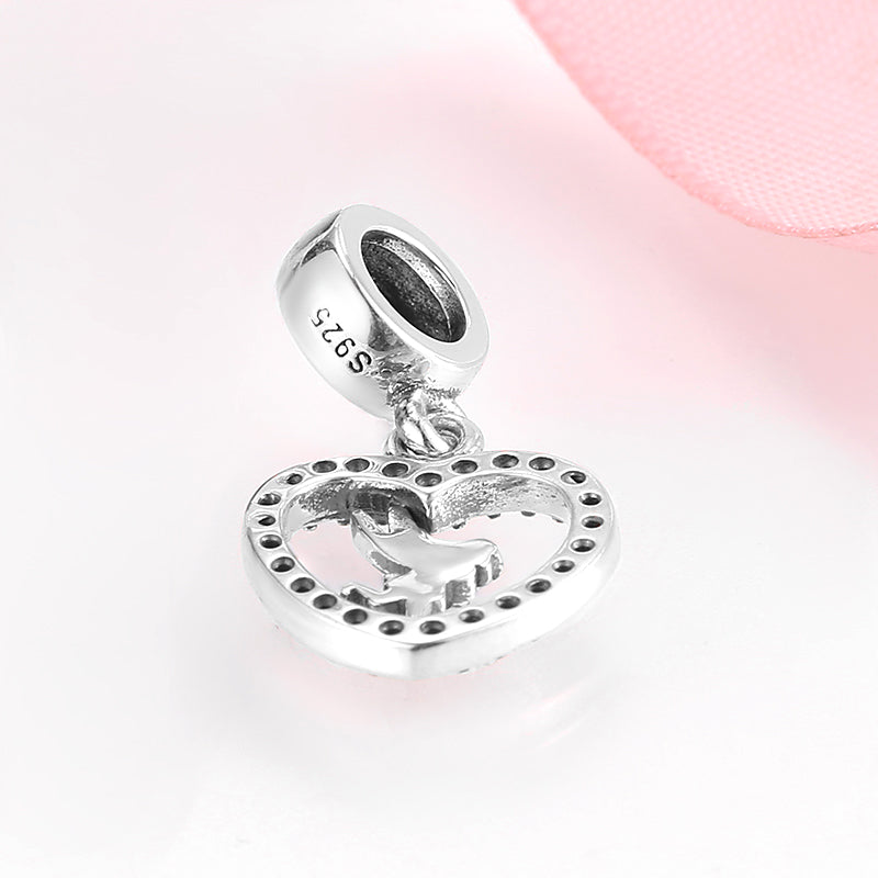 S925 Sterling Silver Heart Dangle Charm Pink Rhinestone Ballet Girl Pendant Bead For DIY Charm Bracelet Necklace Jewelry Gift