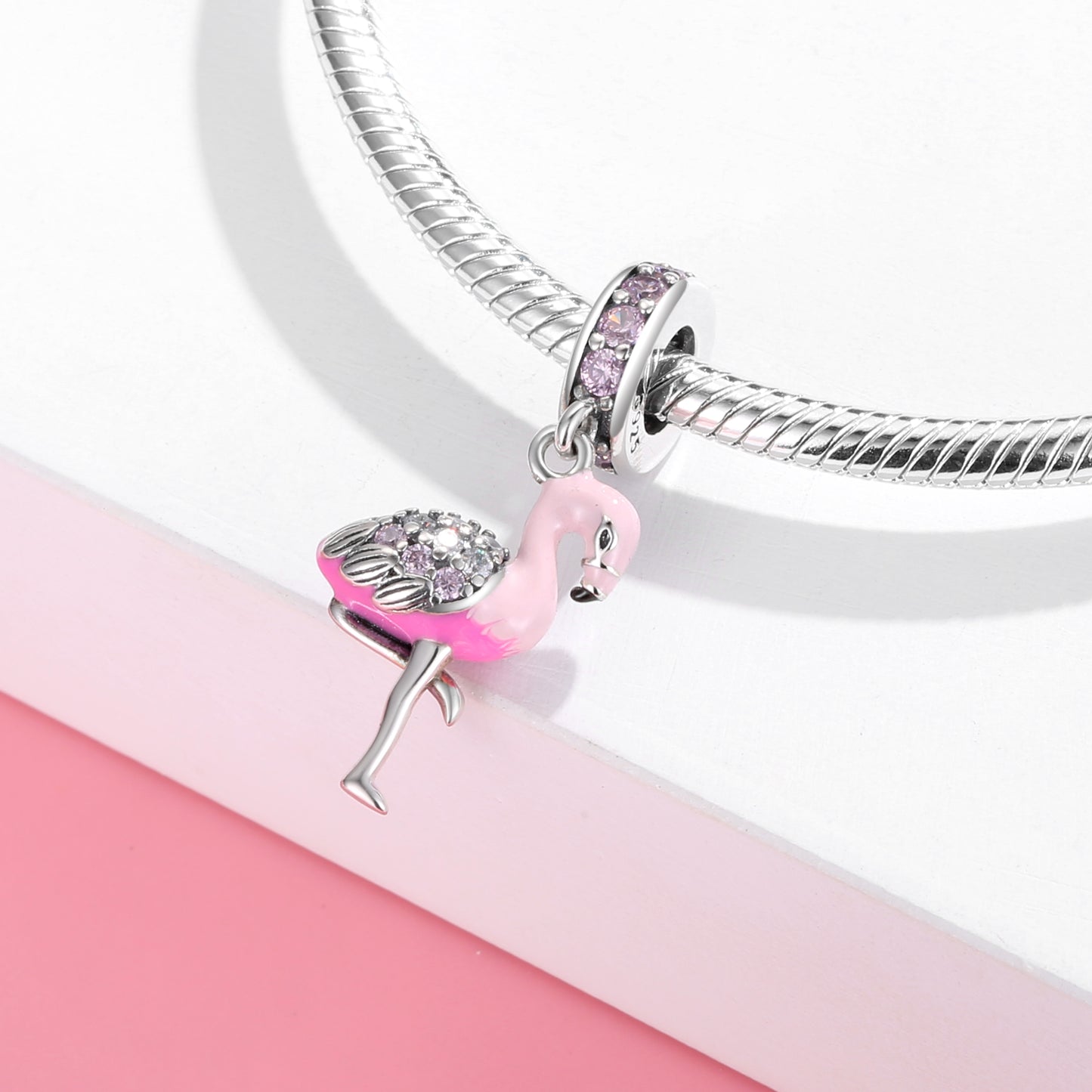 S925 Sterling Silver Pink Flamingo Animal Dangle Charm Bead For DIY Bracelet Necklace Jewelry Gift