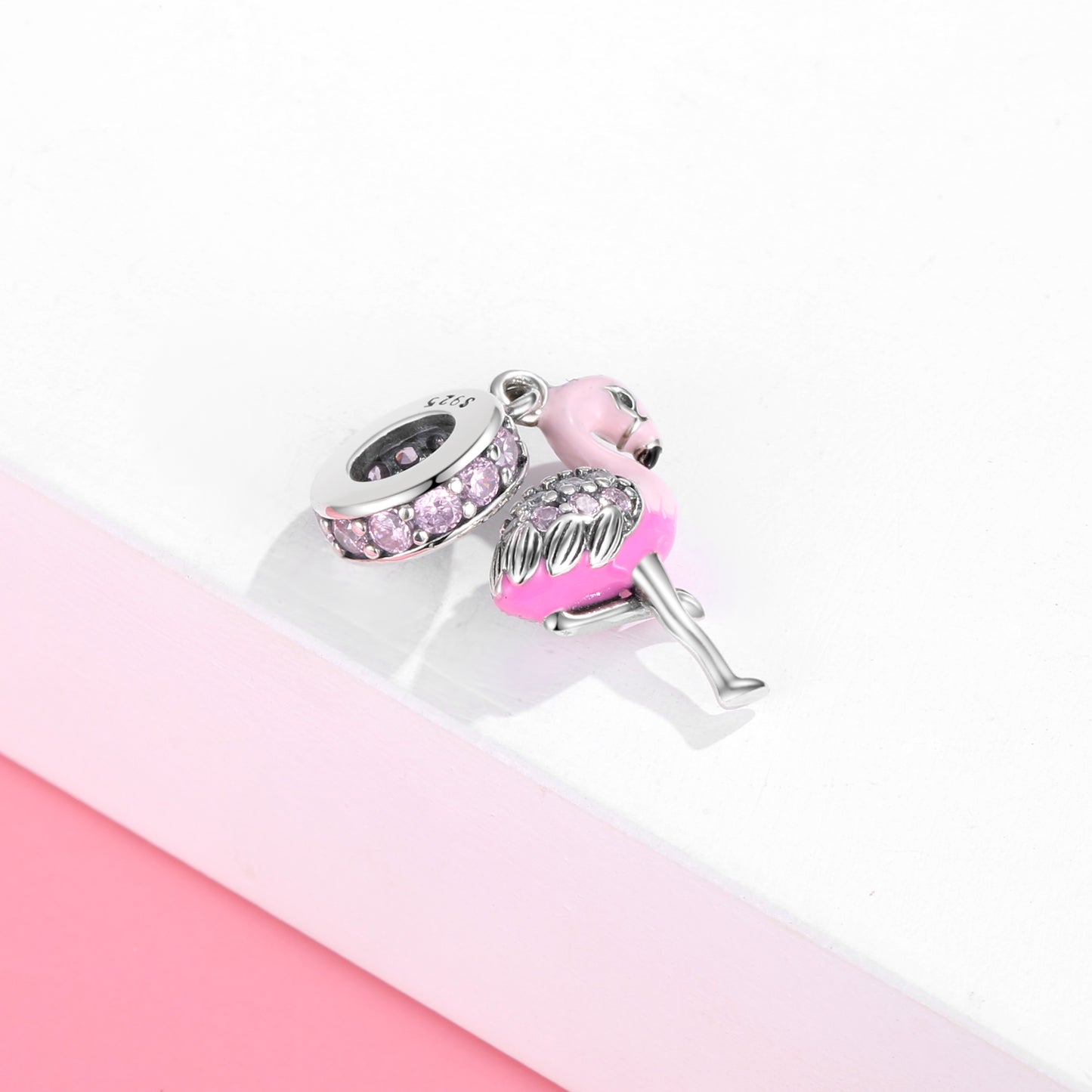 S925 Sterling Silver Pink Flamingo Animal Dangle Charm Bead For DIY Bracelet Necklace Jewelry Gift