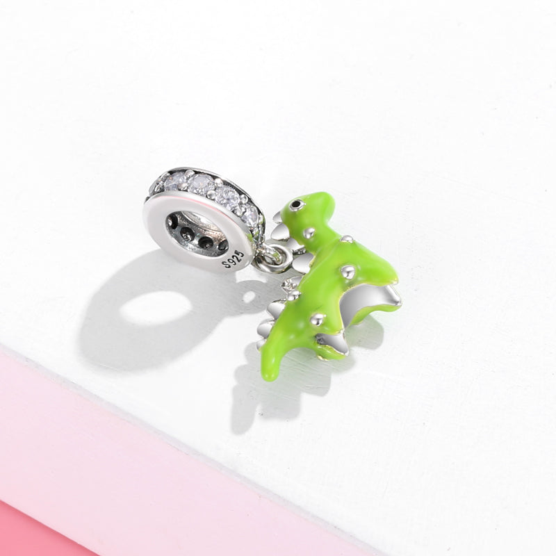 S925 Sterling Silver Cute Green Enamel Dinosaur Animal Dangle Charm Bead For DIY Bracelet Necklace Jewelry Gift