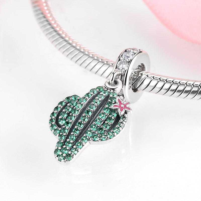 S925 Sterling Silver Green Cactus Dangle Charm Bead For DIY Bracelet Necklace Jewelry Gift