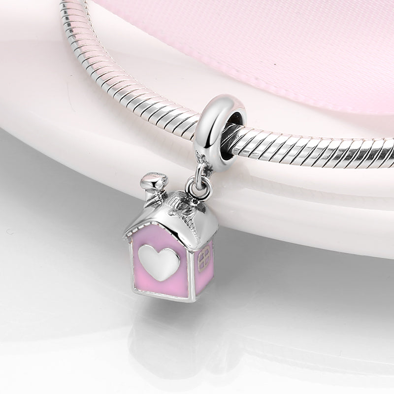 S925 Sterling Silver Pink Heart House Dangle Charm Bead For DIY Bracelet Necklace Jewelry Gift