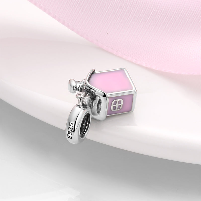 S925 Sterling Silver Pink Heart House Dangle Charm Bead For DIY Bracelet Necklace Jewelry Gift