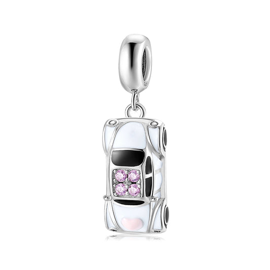 S925 Sterling Silver Car Dangle Charm Pink Rhinestone Creative Pendant Bead For DIY Bracelet Necklace Jewelry Gift